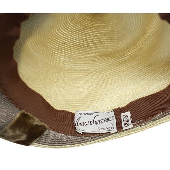 Vintage 50s Arnold Constable Platter Hat Tan Straw w Velvet Ribbon - Hey Viv - Picture 7 of 8